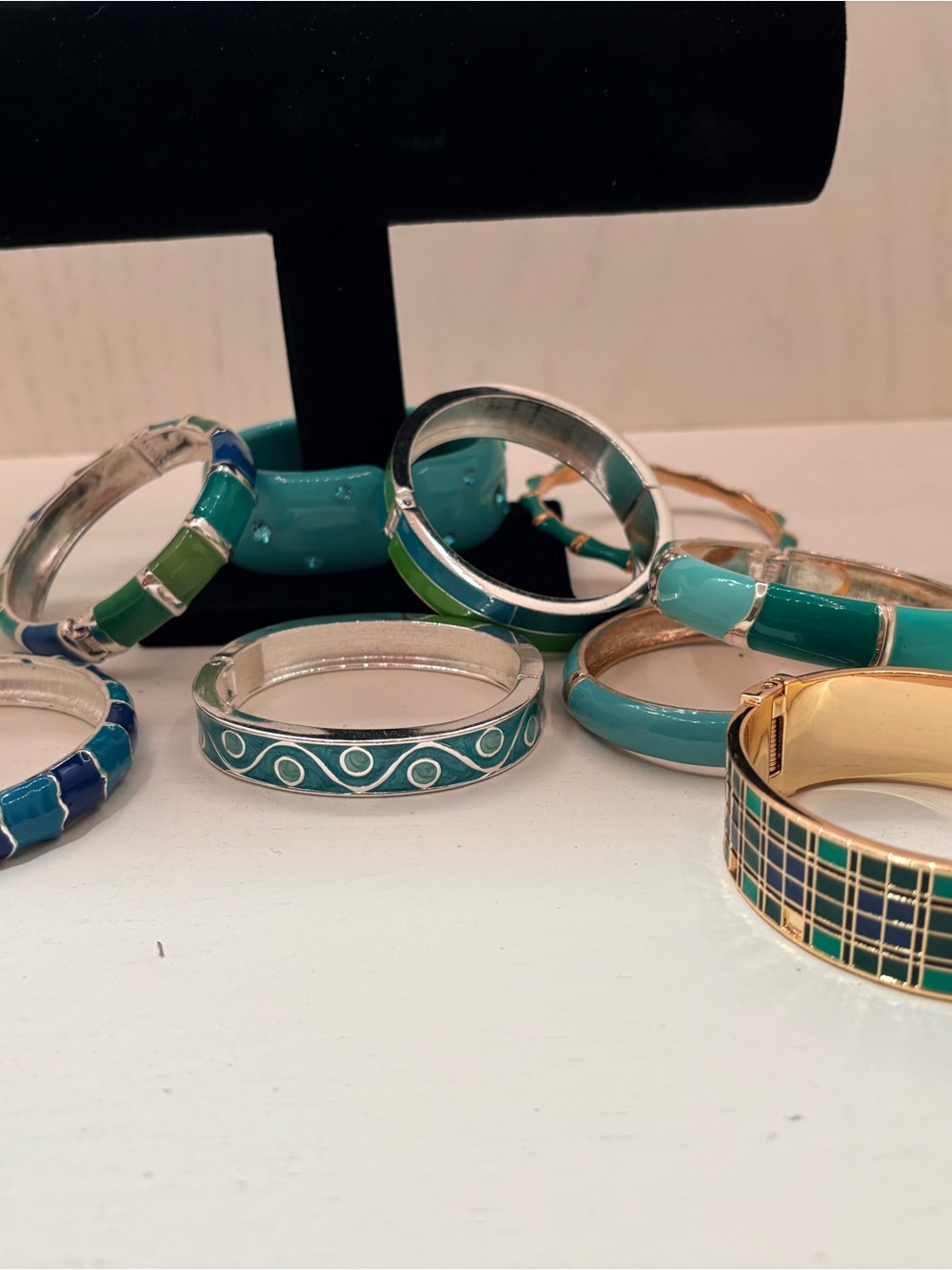 Teal and Turquoise Enamel Bangle Bracelet Set - Women's Jewelry - Picture 3 of 6